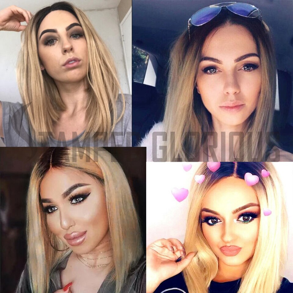Stamped Glorious Bob Lace Front Pruik Ombre Blonde Lace Pruik Korte Rechte Synthetische Pruiken Voor Vrouwen Midden Divisie Haarlijn