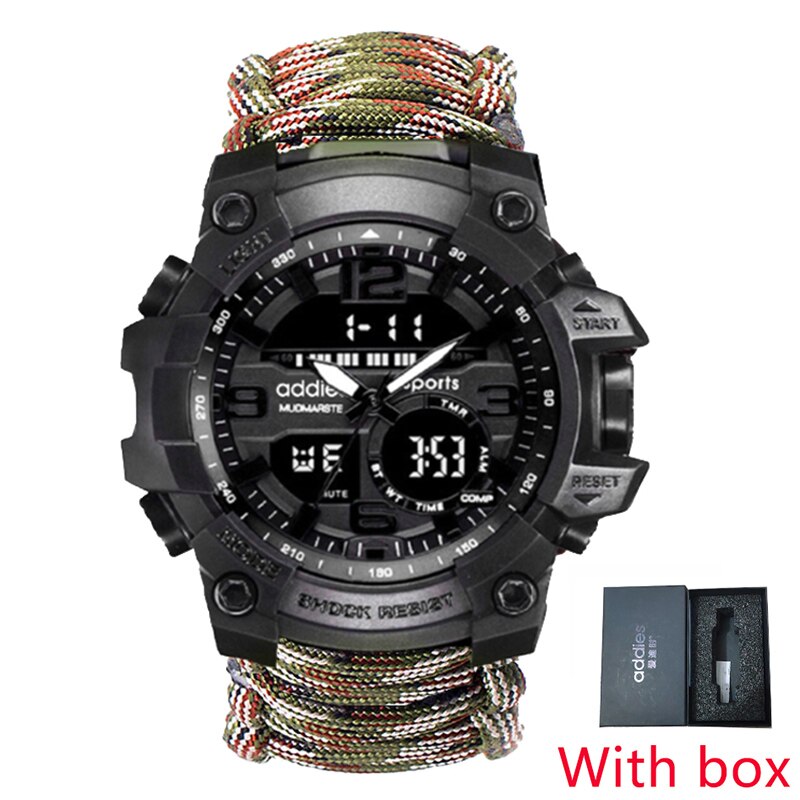 Addies Survival Outdoor Heren Horloge Emergency 50M Waterdicht Kompas Multifunctionele Horloge Digitale Quartz Relogios: Camouflage with Box