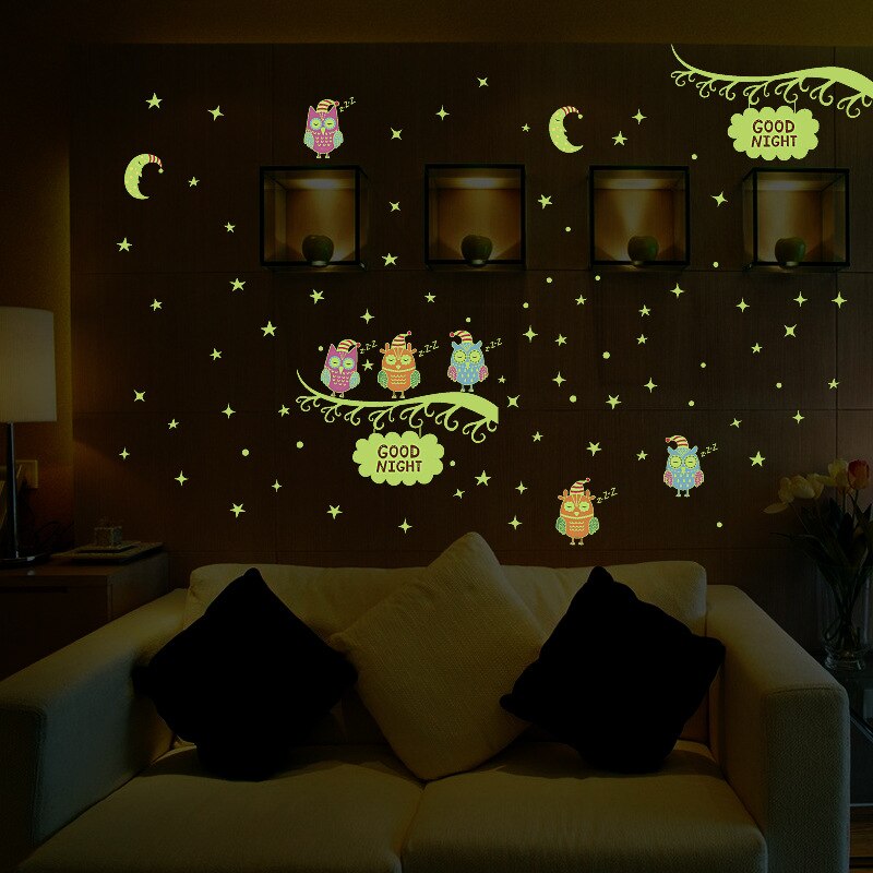 Lichtgevende Uil Moon Star Muursticker Sterren Goede Nacht Tl Muurschildering Poster Voor Kinderen Kamers Glow In The Dark Thuis decor