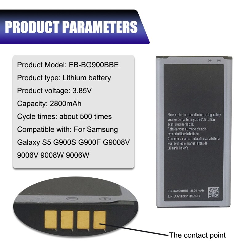 Batterie de téléphone pour Samsung Galaxy S5, 2800mah, S 5 EB-BG900BBC EB-BG900BBE SM-G900 G900 G900F G900S G900F, 1 pièce