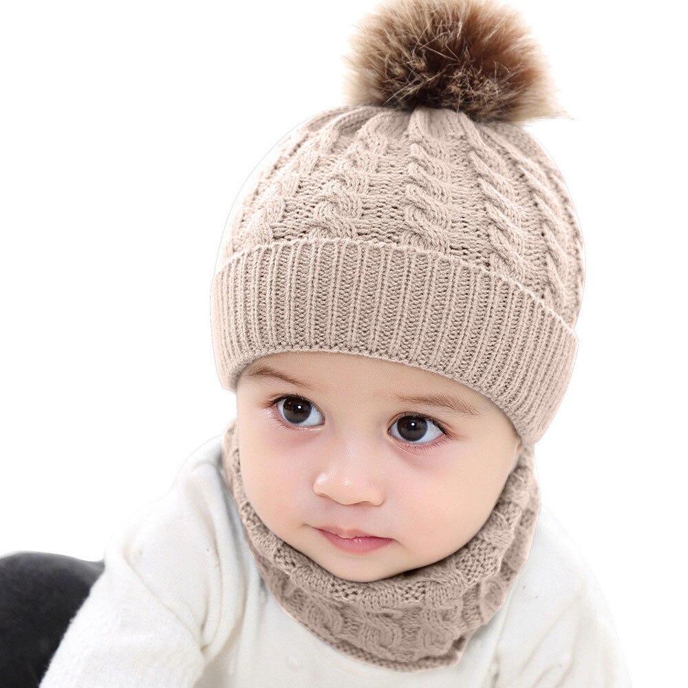 2Pcs Cap+Scarf Toddler Baby 0-2 Year Kids Girls Boys Winter Cute Warm Solid Knitted Beanie Keep Warm Outdoors Neck Set C28#