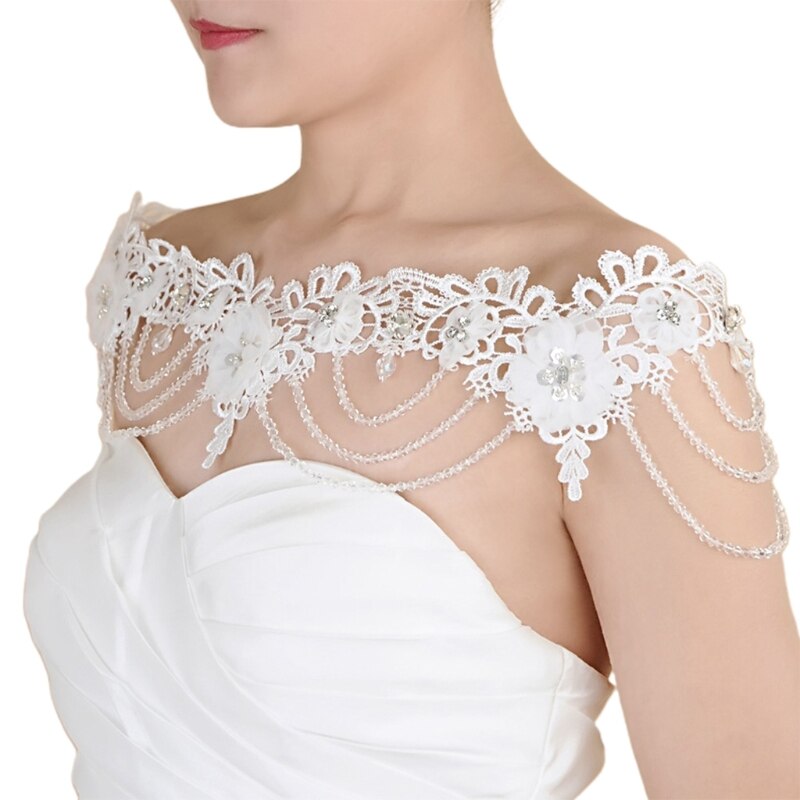 634D Wedding Bridal Jewelry Off Shoulder Chain Necklace Embroidery Lace Flower Bib Collar Faux Crystal Beading Shawl Wrap
