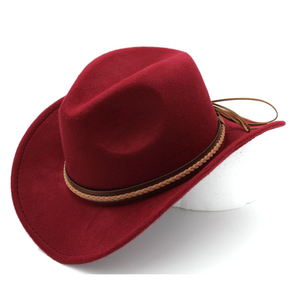 Mistdawn kvinnor män ullblandning western cowboyhatt bred brätte cowgirl ridkeps vinter brun hattband storlek 56-58cm: Vin, röd