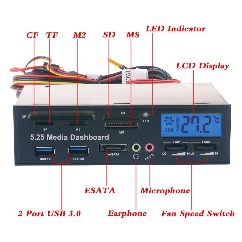 Panel multimedia multifuncional para ordenador, Panel frontal de 5,25 pulgadas con SATA/eSATA, USB 2,0/USB 3,0, micrófono/auriculares, Audio Po