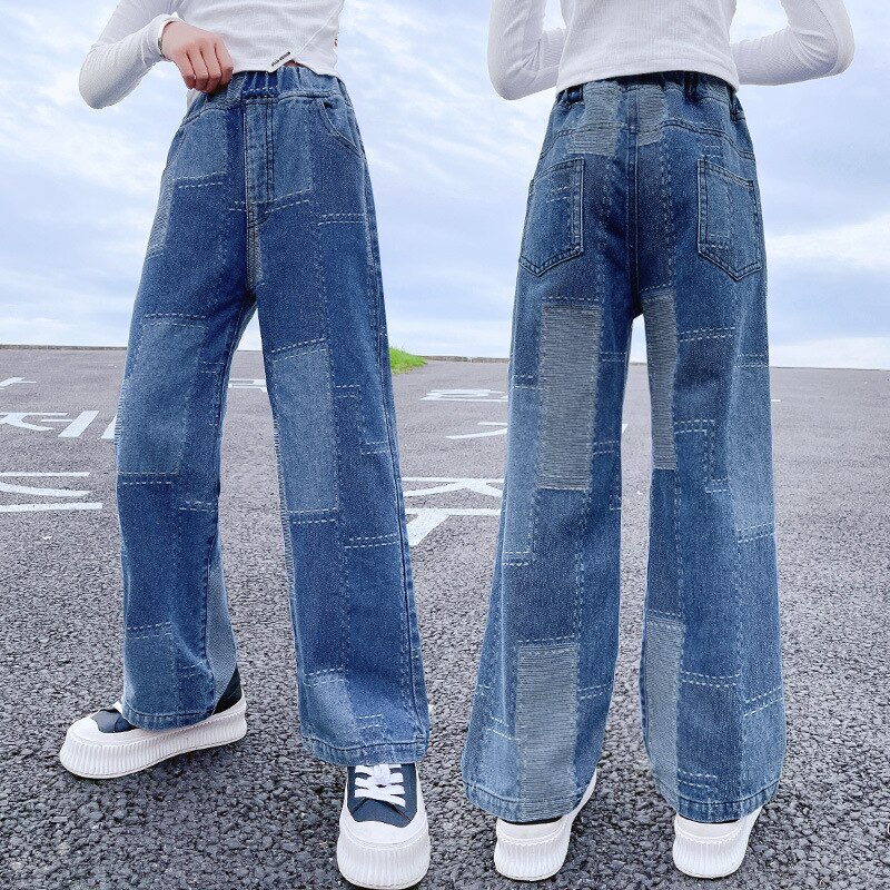 Jeans for Girls Patchwork School Uniform for Children Spring 2022 Kids Pants Blue Wide Leg Pants Casual Loose Jeans