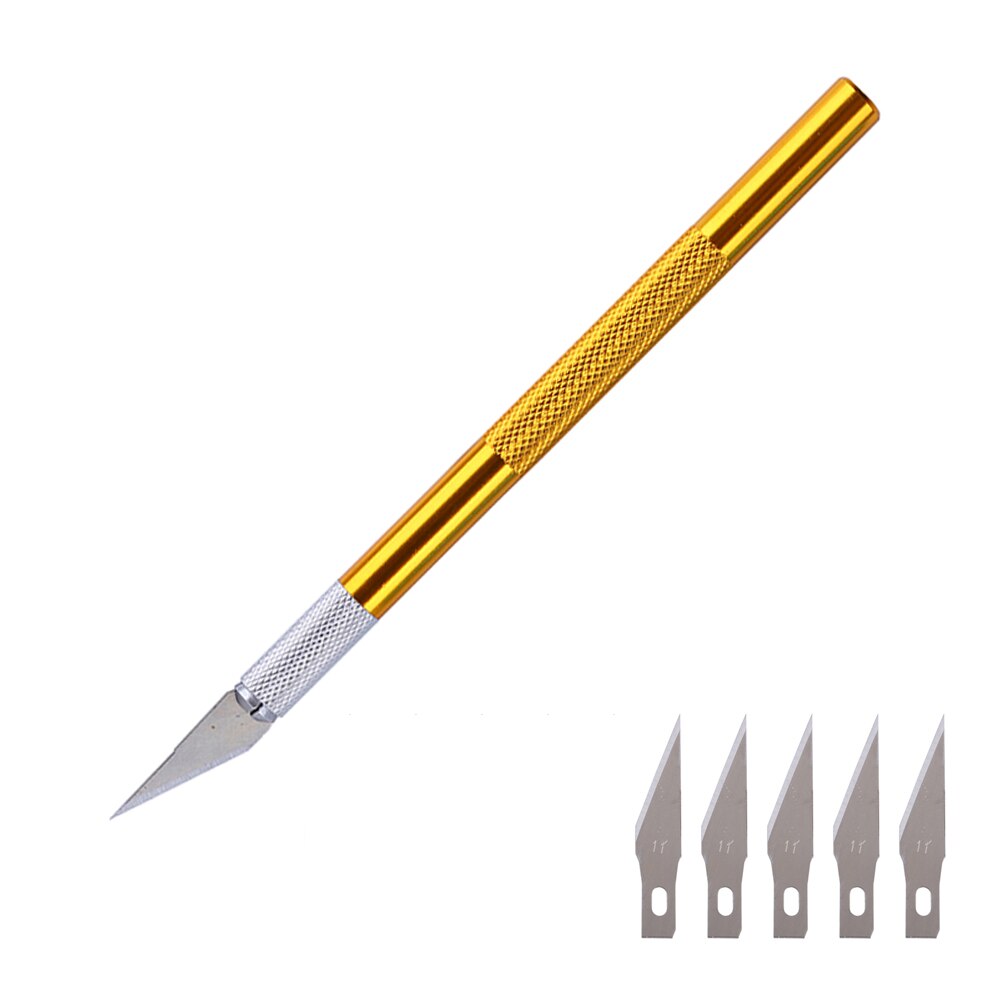 Cuchillo de hoja de bisturí con mango de Metal para cortar papel y madera, utensilio de utilidad para manualidades, suministros de corte y grabado, 1 Juego: Yellow