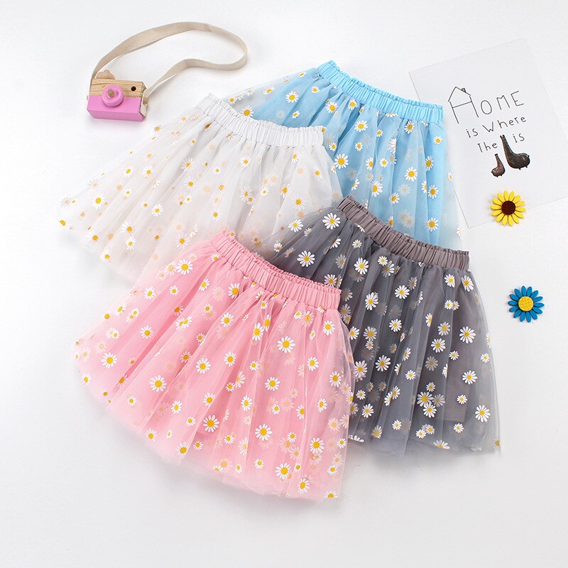 Zomer Roze Bloemen Kinderen Kleding Pluizige Zachte Tulle Girl Korte Rok Madeliefjes Meisjes Rokken Voor 3-8Y Kids Mesh Bal gown