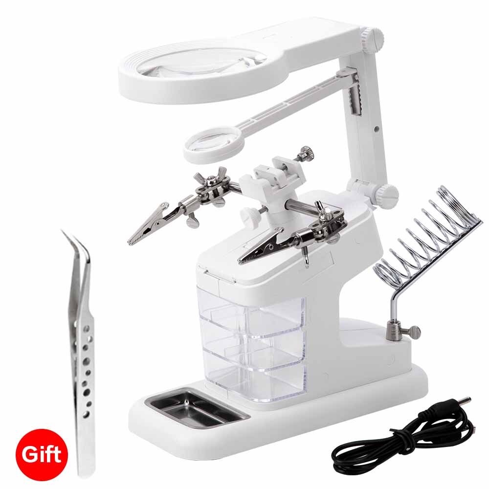 Soldador de lupa con caja de almacenamiento de luz LED 3X 4,5x 25X, estación de reparación de mano, herramientas de soldadura: White-7026