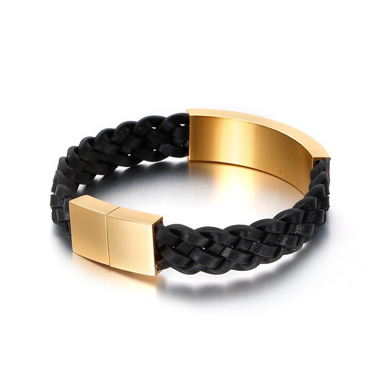 Men's Leather Bracelet - Gold & Silver Tone Stainless Steel Band - Punk Street Style Geometric Jewelry