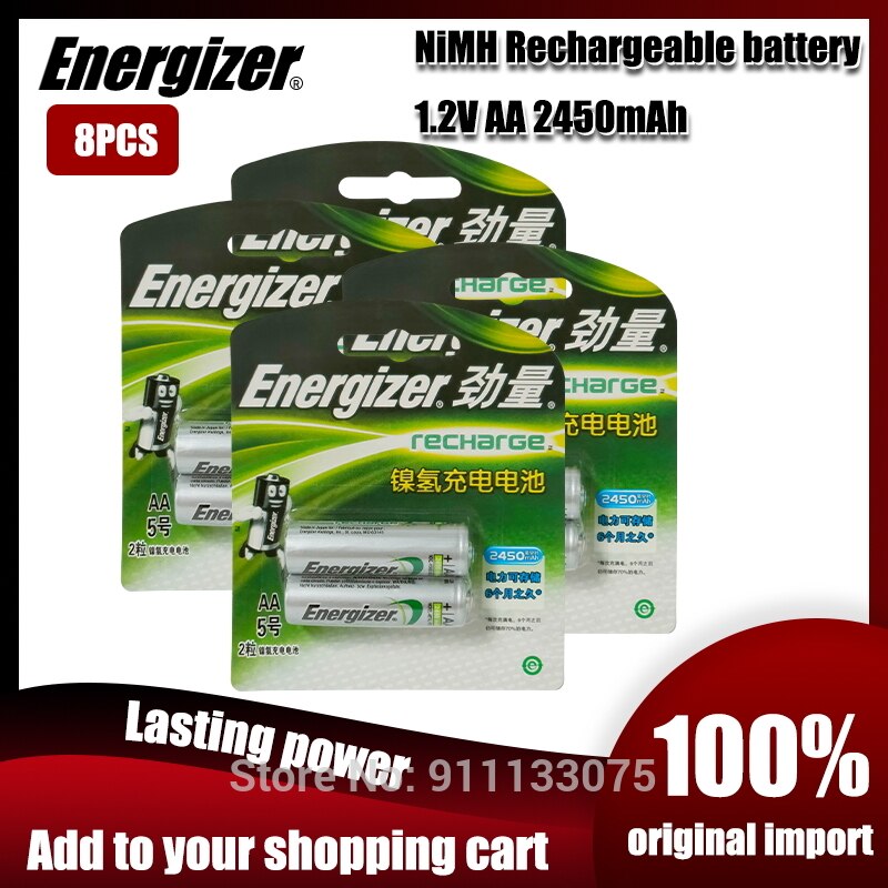 Energizer Original 1.2V AA Rechargeable Batteries 2450mAh Ni-MH AA Battery for camera Anti-dropping toy car: 8PCS