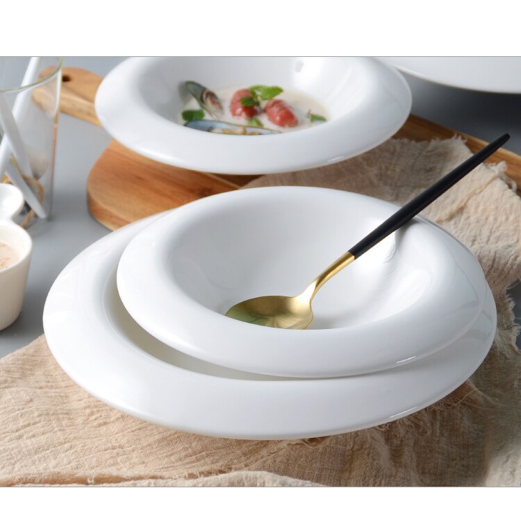 Moda ocidental casa puro branco cerâmica circular salada de sopa sobremesa moda frutas tigela salada pratos cozinha utensílios de mesa