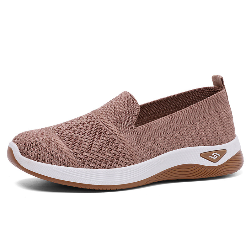 Zapatos para caminar sin cordones de punto transpirable para mujer, cómodas zapatillas informales antideslizantes, mocasines ligeros con plataforma suave para mujer: Caqui / 37