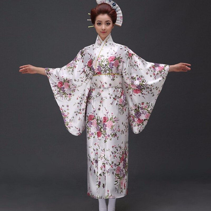 Japanse Traditioinal Satin Kimono Klassieke Yukata Met Obi Sexy Vintage vrouwen Prom Dress Bloemen One Size