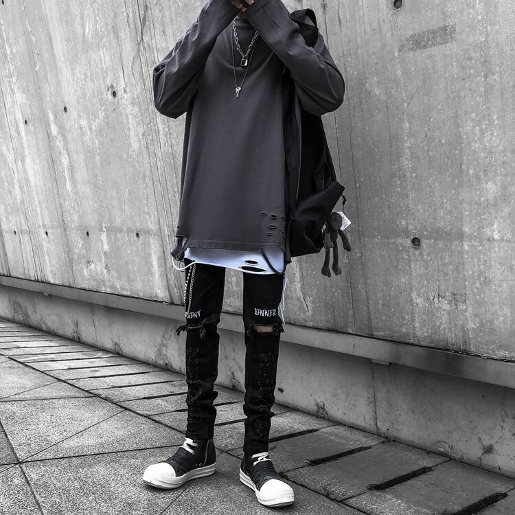 Uncledonjm knæhuller jeans herre skrabe sorte hip hop stretch slim fit bukser hip hop ripped jeans ødelægge