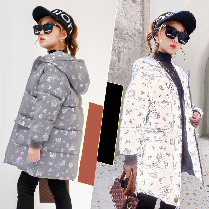Chaqueta reflectante luminosa de algodón para niños y niñas, Parkas con estampado de mariposa, ropa con capucha, 4-14 años, Invierno