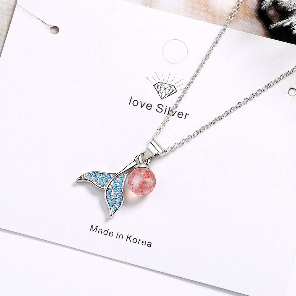 Simple Mermaid Fishtail Silver Color Necklaces with Natural Strawberry Crystal Cubic Zirconia Jewelry For Women S-N450