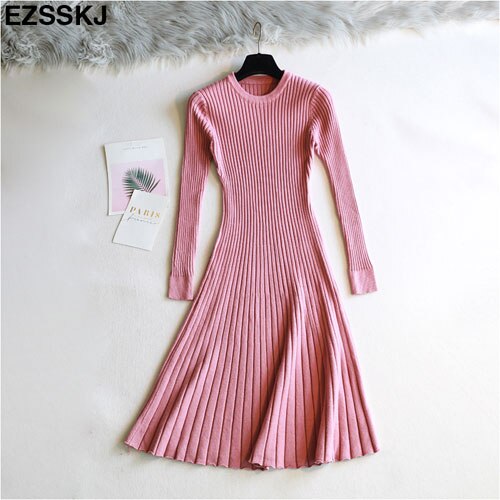 Vestido femenino de punto grueso con manga larga para otoño e invierno, traje básico con cuello redondo para mujer, corte en A, informal: Rosa