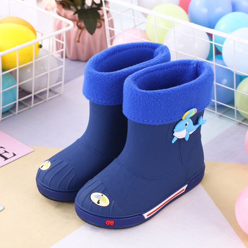 Versión coreana de botas para lluvia para niños de dibujos animados botas de lluvias para bebé antideslizante color sólido 2-8 años de edad niños y niñas zapatos de agua: Azul marino / 35