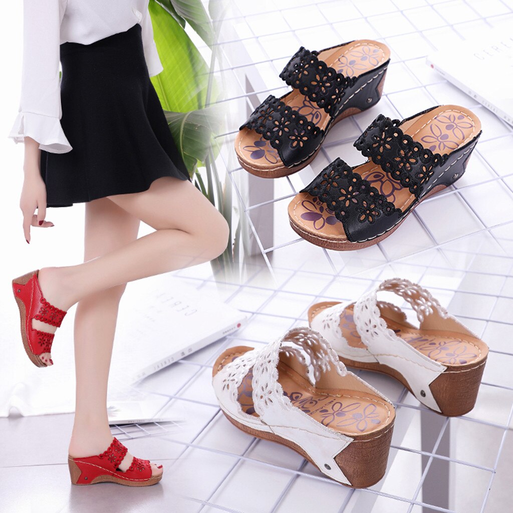 SAGACE Summer Beach Sandals Women Shoes Hollow Out High Heels Wedges Beach Sandals Rome Female Round Toe Non-Slip Shoes