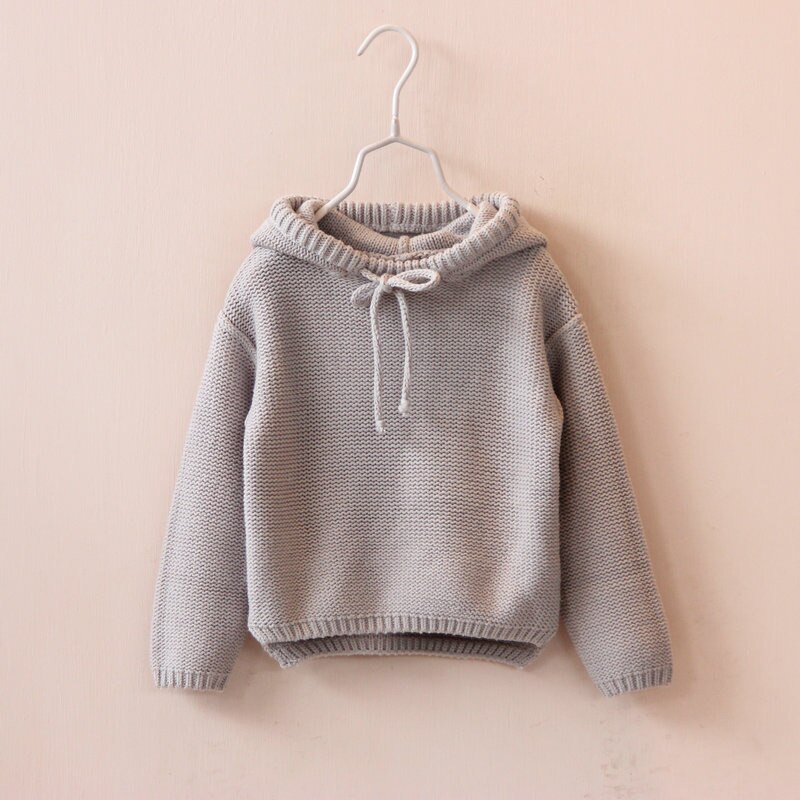 Herfst En Winter Kwastje Hooded Gebreide Trui Voor Baby Jongen En Meisje Effen Kleur Warme Gebreide Trui Voor Baby Boy en Meisje: Grijs / 6T