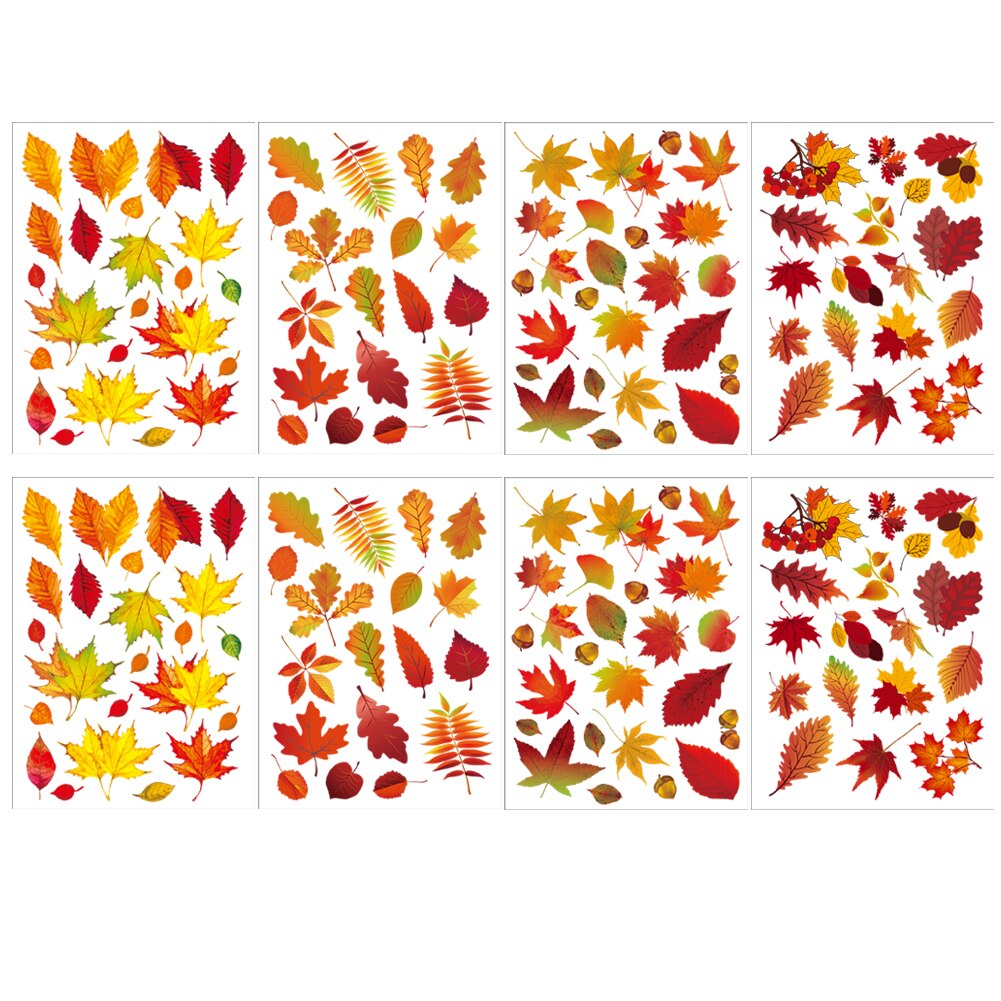 8pcs/set No Glue Removable Autumn Maple Leaves Wall Art Static Sticker Home Decor Window Clings Universal PVC Long Lasting DIY