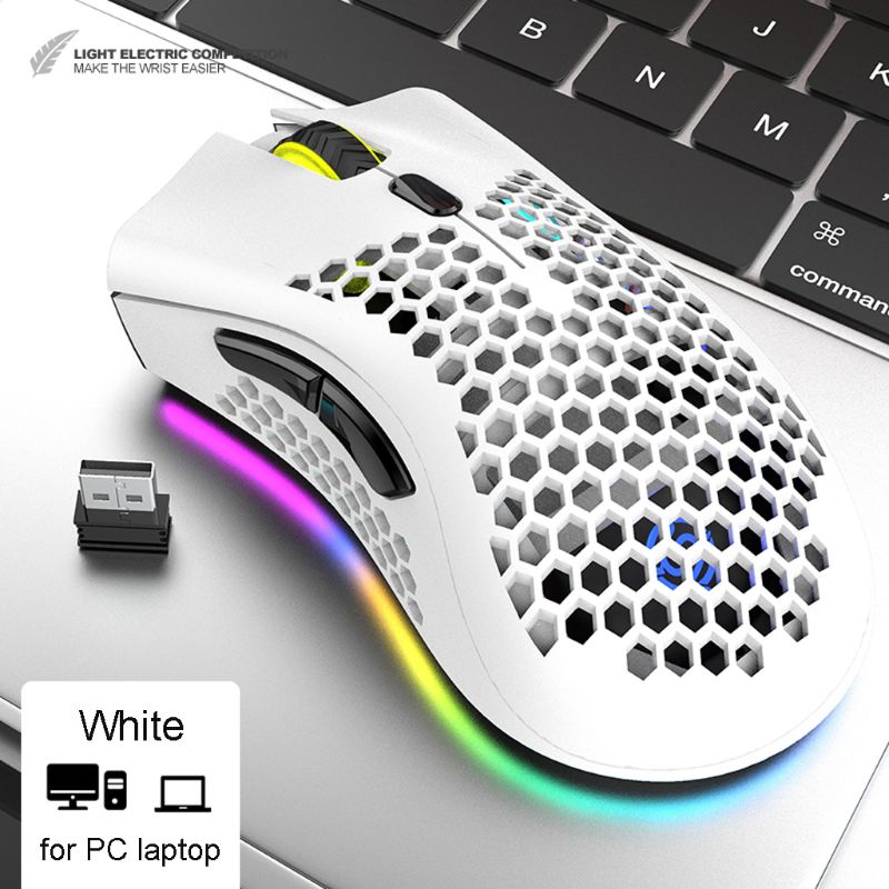 Lightweight Rechargeable RGB LED Optical Honeycomb Game Mice 1600DPI Hollow-out 2.4G USB Wireless Mouse for PC Laptop: White