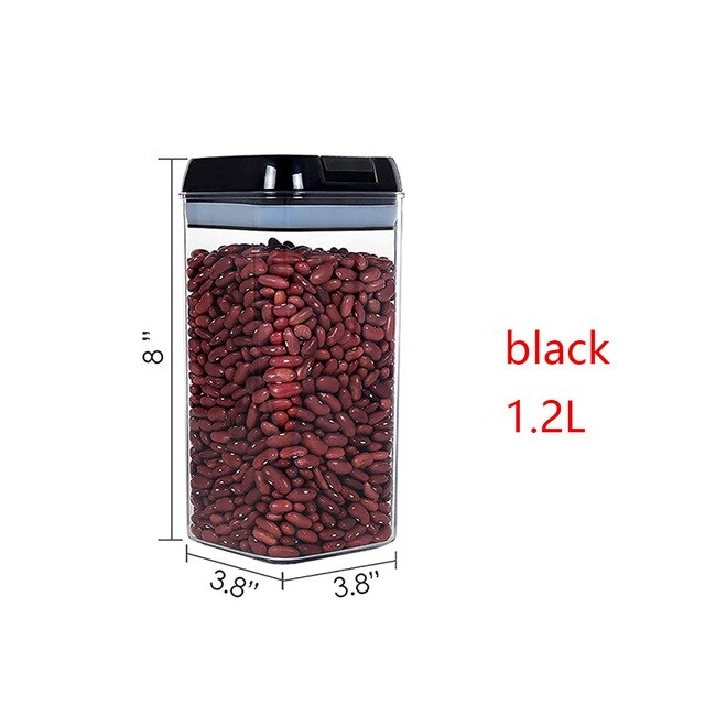 1PCS Airtight Cereals Storage Containers with Lid-Plastic Transparent Sealed Kitchen Vacuum Box Bulk Food Refrigerator Organizer: black 1200ml