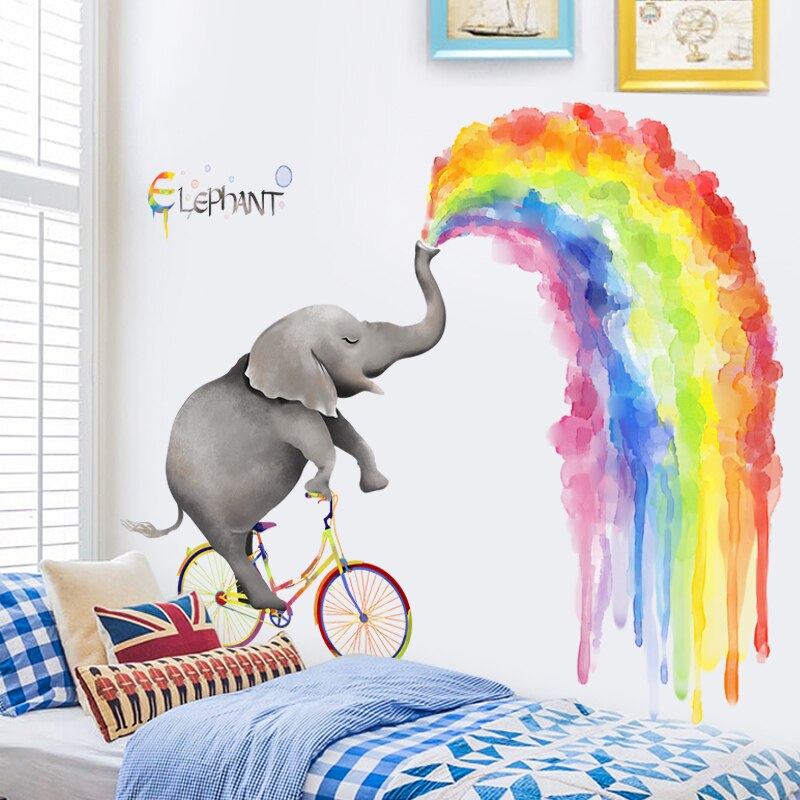 Cartoon Olifant Regenboog Muursticker Grote Dier Kinderkamer Decoratie Poster Kwekerij Muur Stickers Muurschildering Foto Wall Art