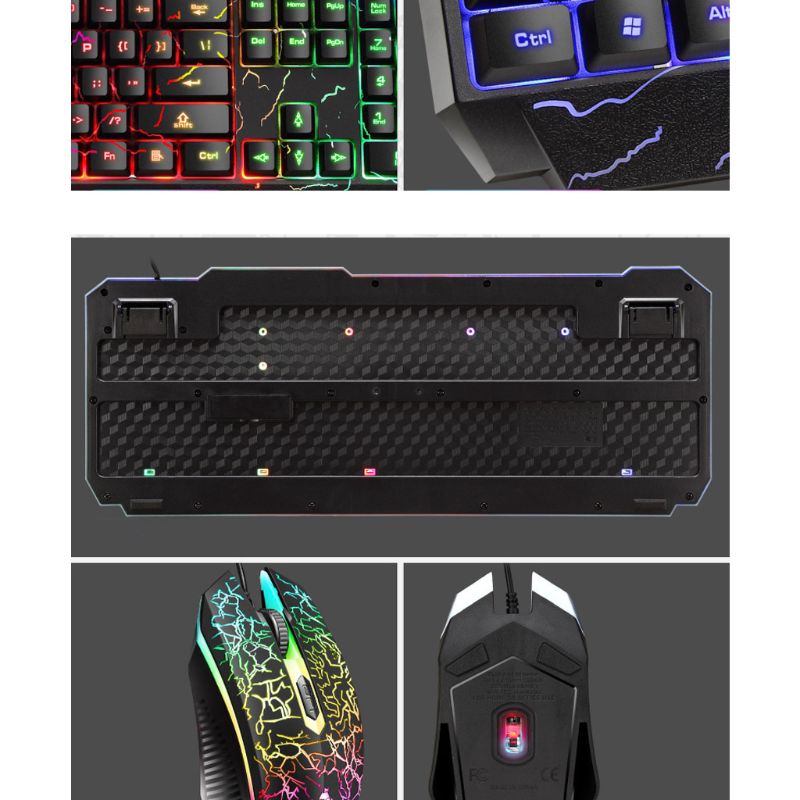 Wired Gaming Keyboard Mouse Combo Set Colorful LED Backlit Crack Appearance Computer Laptop Luminous Keyboad Mouse