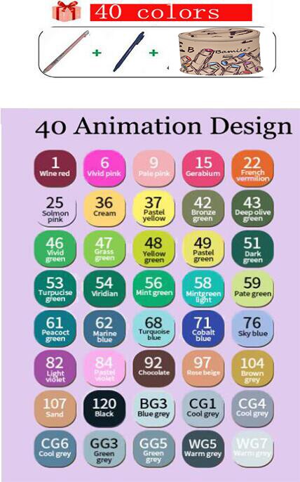 Touchfive Permanente Markers Alcohol Inkt Markers Borstel Dual Tips Professionele Tekening Marker Set Art 40/60/80/168 kleuren: 40 animer design