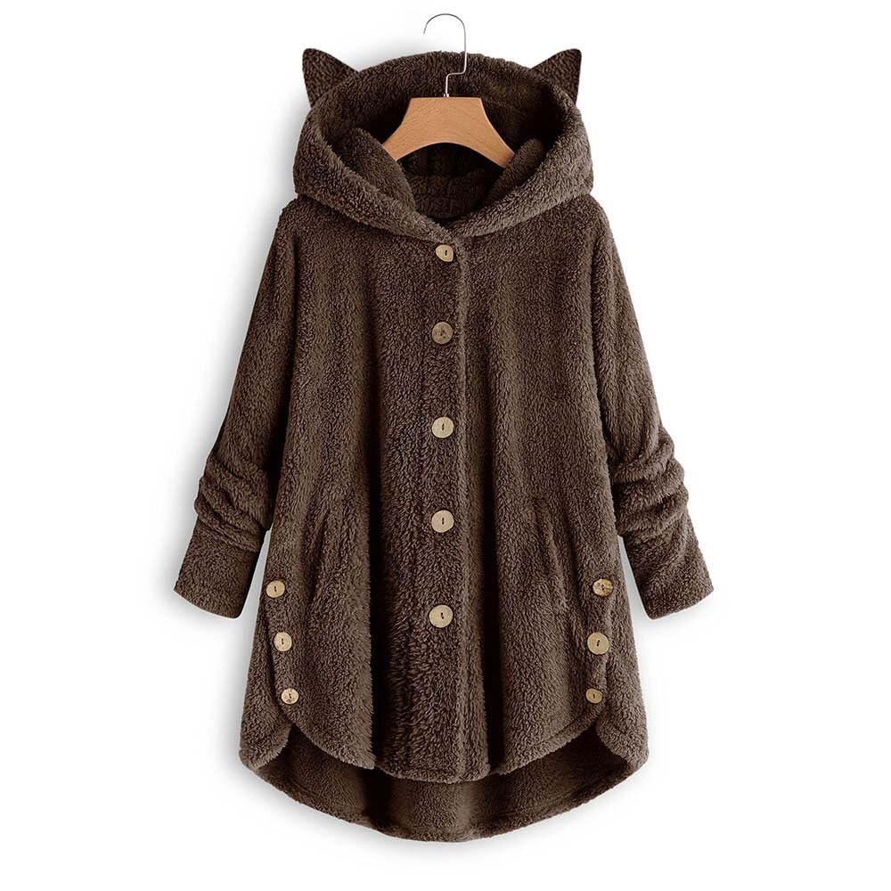 Wol Blend Vrouwen Knop Kat Oor Jas Pluizige Turn-down Kraag Uitloper Jacket Casual Tops Hooded Trui Losse trui #45