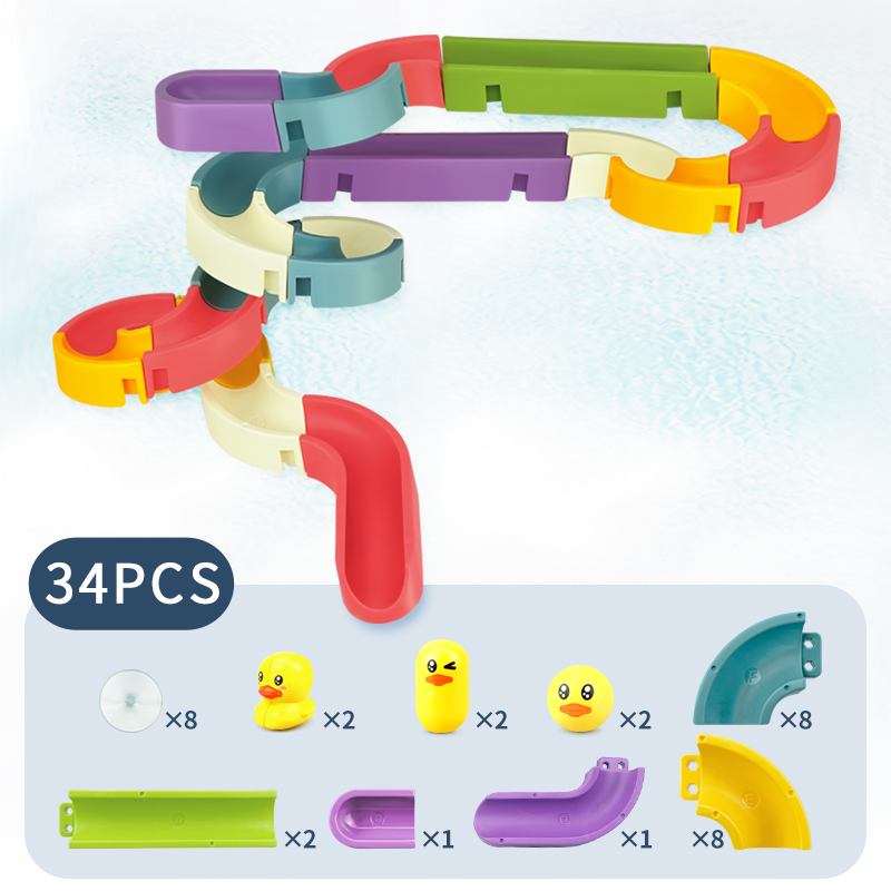 Baby bath toy diy run assembly track girl boy bathroom bathtub children summer play water spray toy set children stacking track: 34 pcs