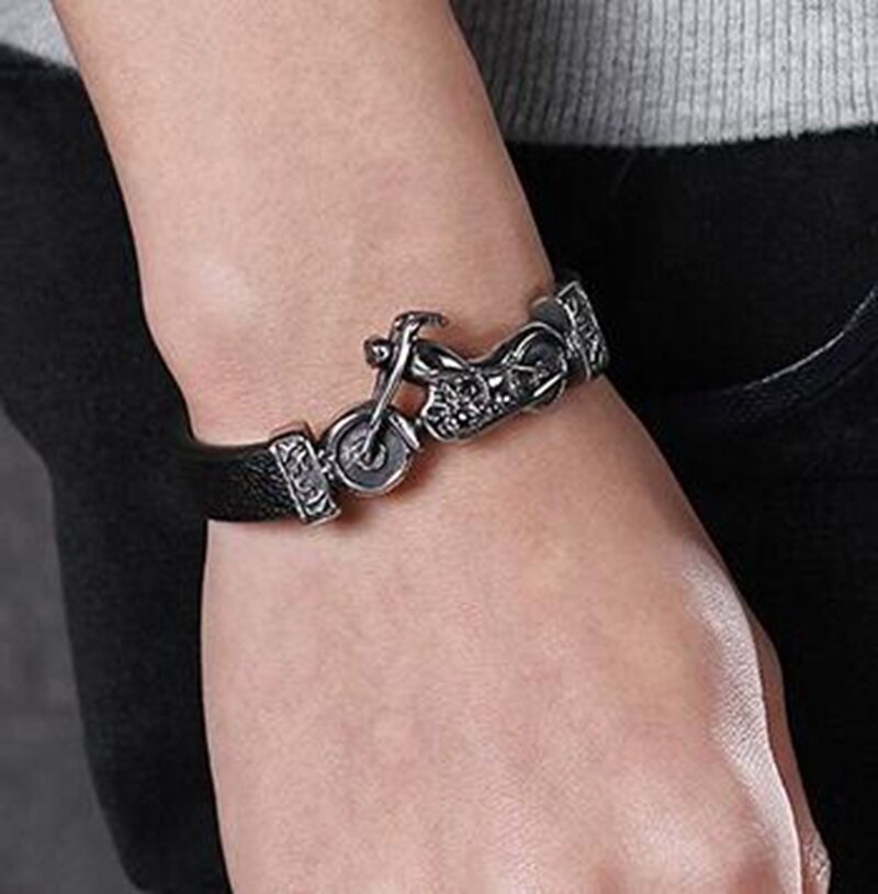 Unique Men Stainless Steel Motorcycle and Skeleton Charm Bracelet Rock Punk Durable Leather Bracelets Cool