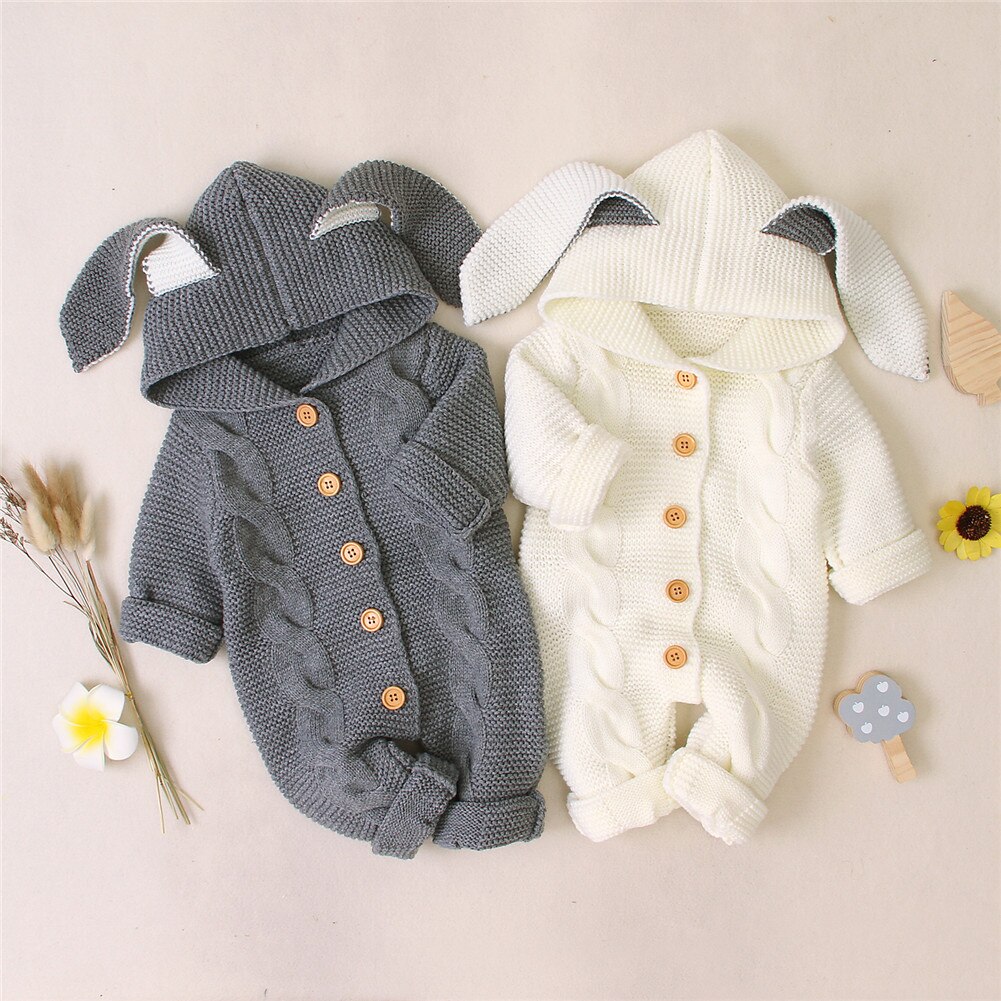 0-24M Herfst Winter Baby Kids Meisjes Jongens Rompertjes Knit Solid Lange Mouwen 3D Oren Hooded Jumpsuits Kleding