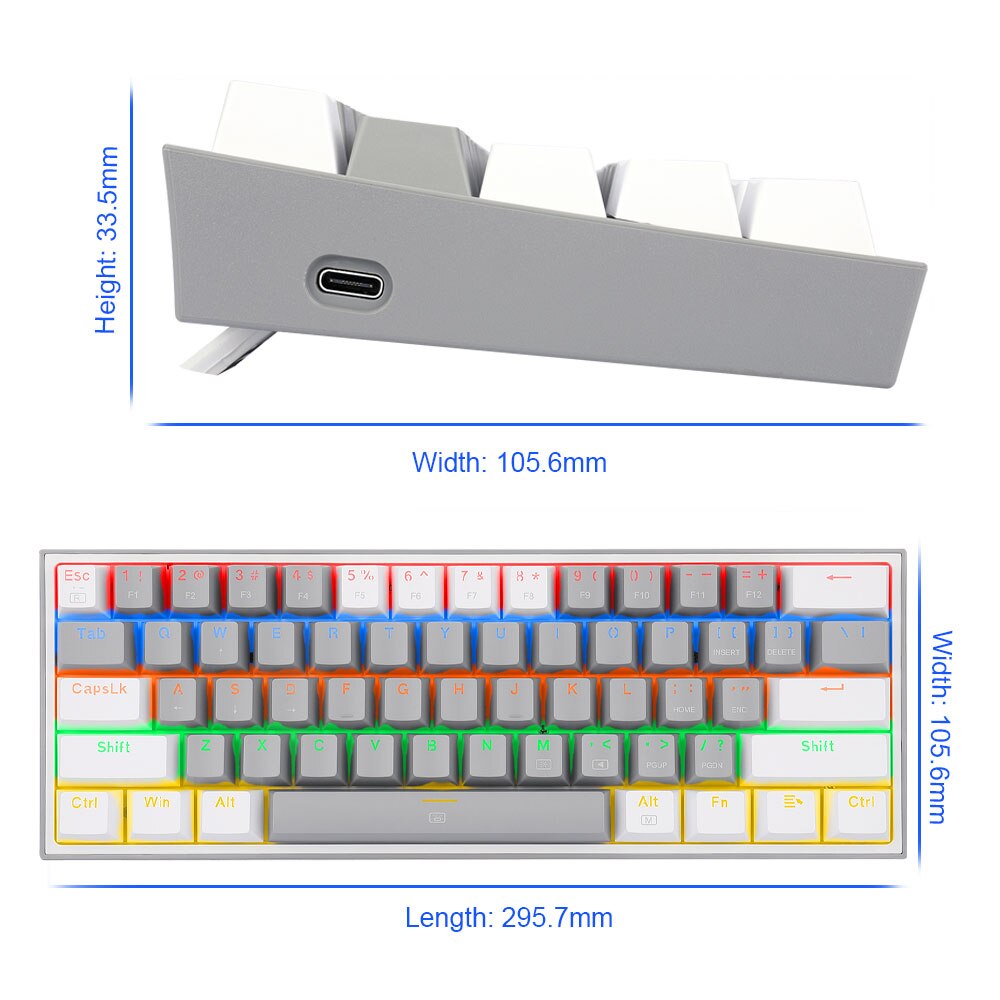 REDRAGON-miniteclado mecánico Fizz K617 para videojuegos, teclado con cable desmontable, 61 teclas, color azul, arcoíris, USB, portátil, para viaje