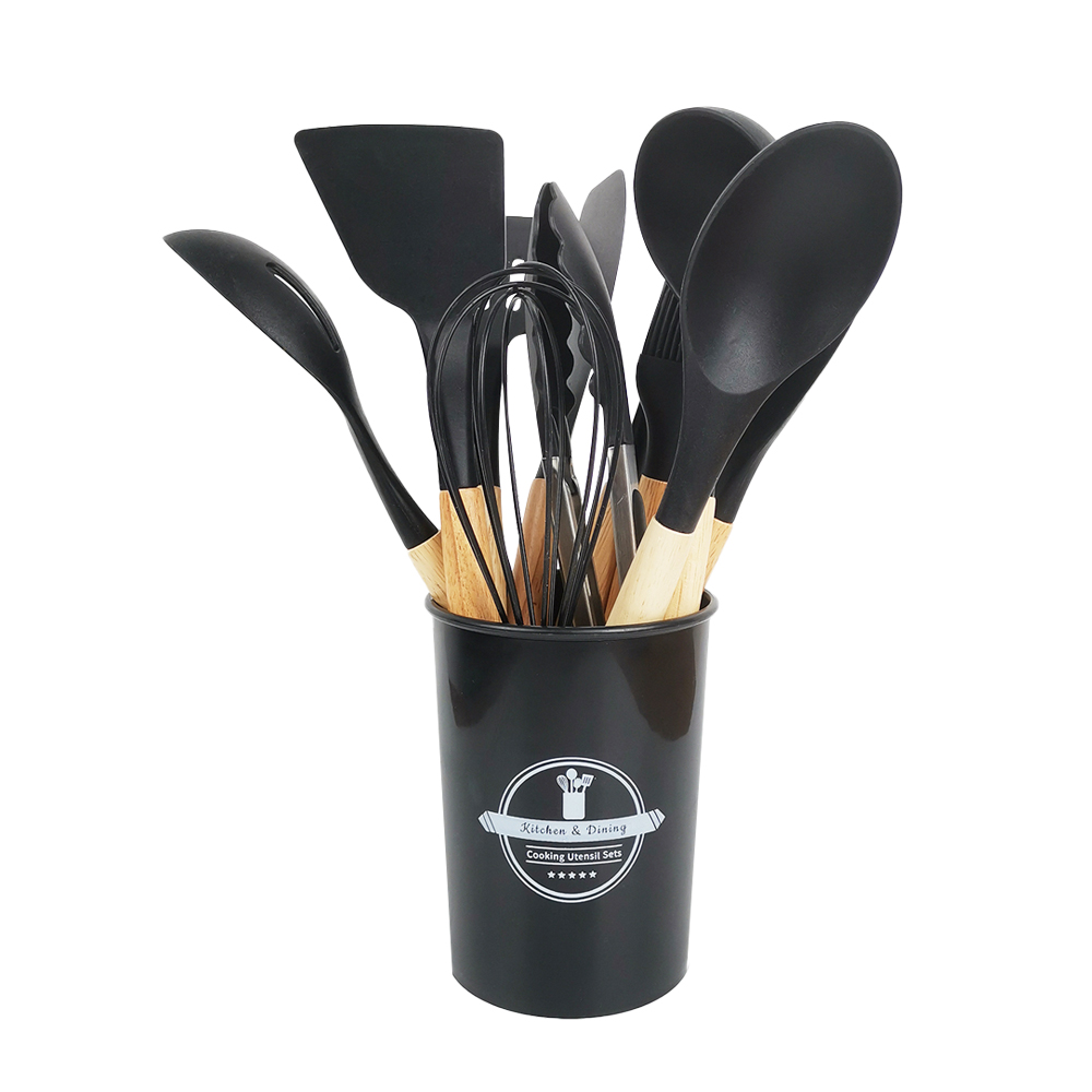 Kitchen Cooking Tool 12Pcs Food Grade Silicone Cookware Utensils Spatula Spoon with Wooden Handle,Kitchenware Gadgets Sets: black