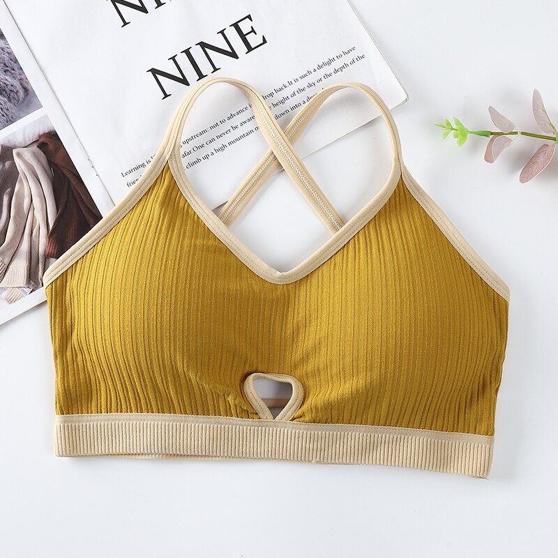 Threaded Beauty Back Tube Tops Sling Wrapped Bra For Women With Pad Sports Bras Comfortable Cotton Sexy Hollow Top Underwear: Yellow