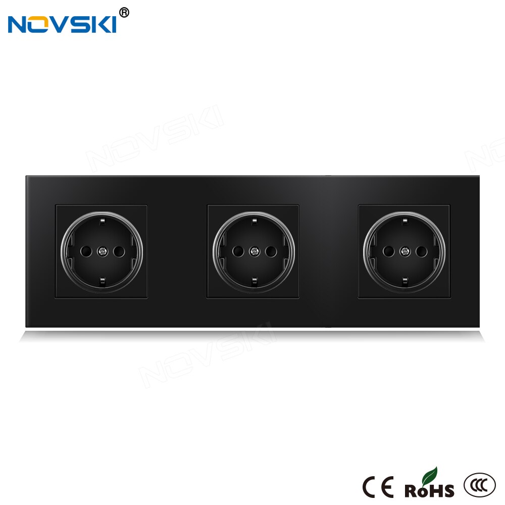 NOVSKI 16A EU Standard Wall Socket Triple Frame Crystal Glass Black Panel 86*258 mm, Hidden LED for USB Charger: PC Panel no USB