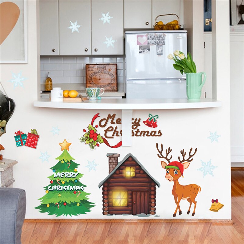 cartoon merry christmas tree reindeer decals kids rooms window home decor accessories year wall stickers pvc mural art