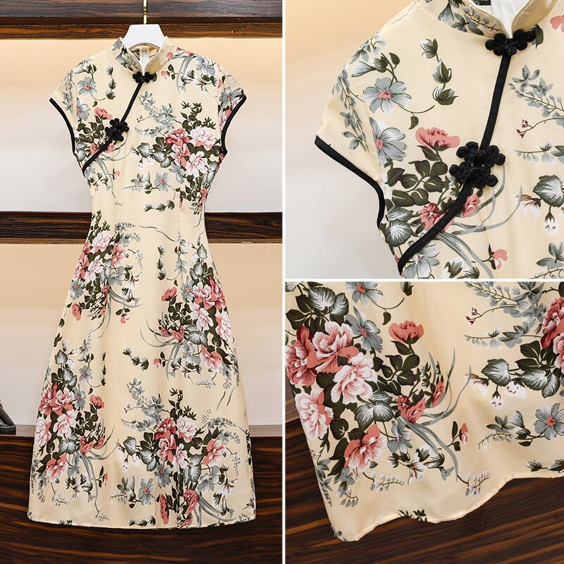 Grote Plus Size M-4XL Vintage Chinese Slanke Jurk Qipao Casual Party Vrouwen A-lijn Jurk Korte Mouw Zomer Cheongsam Jurken