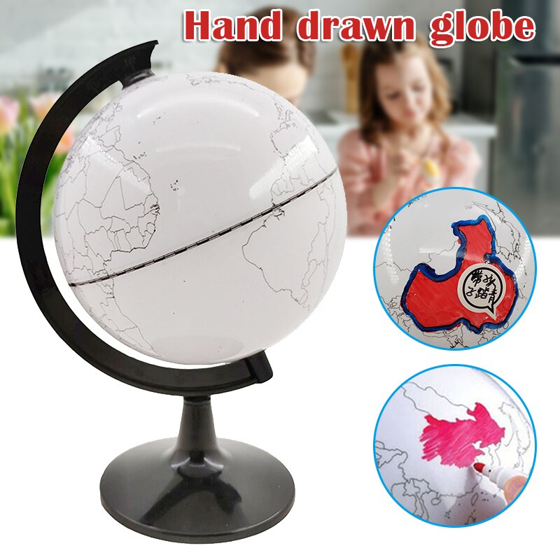 Paintable and Erasable Globe Model Plastic Erasing World Map Drawing Tellurian DIY Teaching Implement with 4 Brush JHP-B