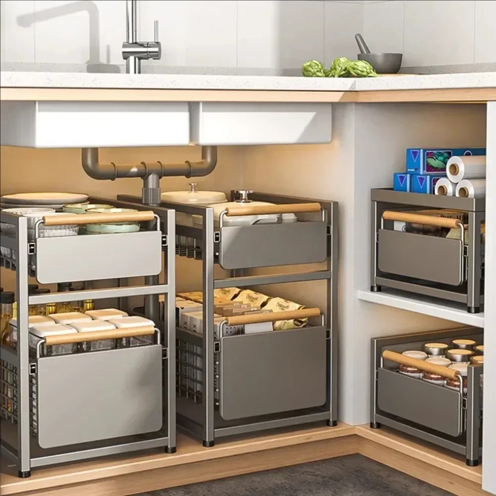 Keuken Opbergrek Schuifkast Organizer Uittrekbare Onder Gootsteen Rek Onder Gootsteen Organizer 2-Tier Badkamer Aanrecht Plank