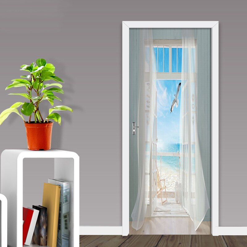 Removable Door Stickers Nature 3D Seascape Wallpaper Waterproof Living Room Bedroom Door 3D Wallpaper Self Adhesive Wall Decal
