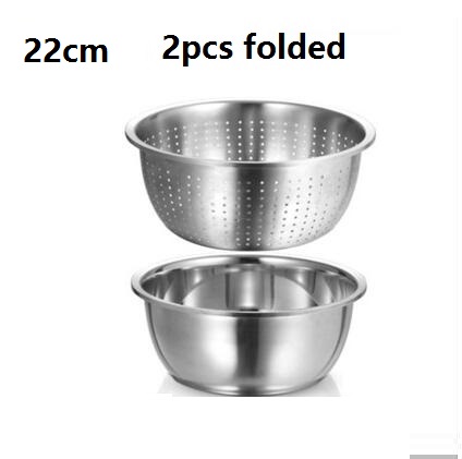basin 2pcs set utensil Thick stainless steel pots drain washing strainer round deepen mixing bowl fruit vegetable washing bowl: 22cm