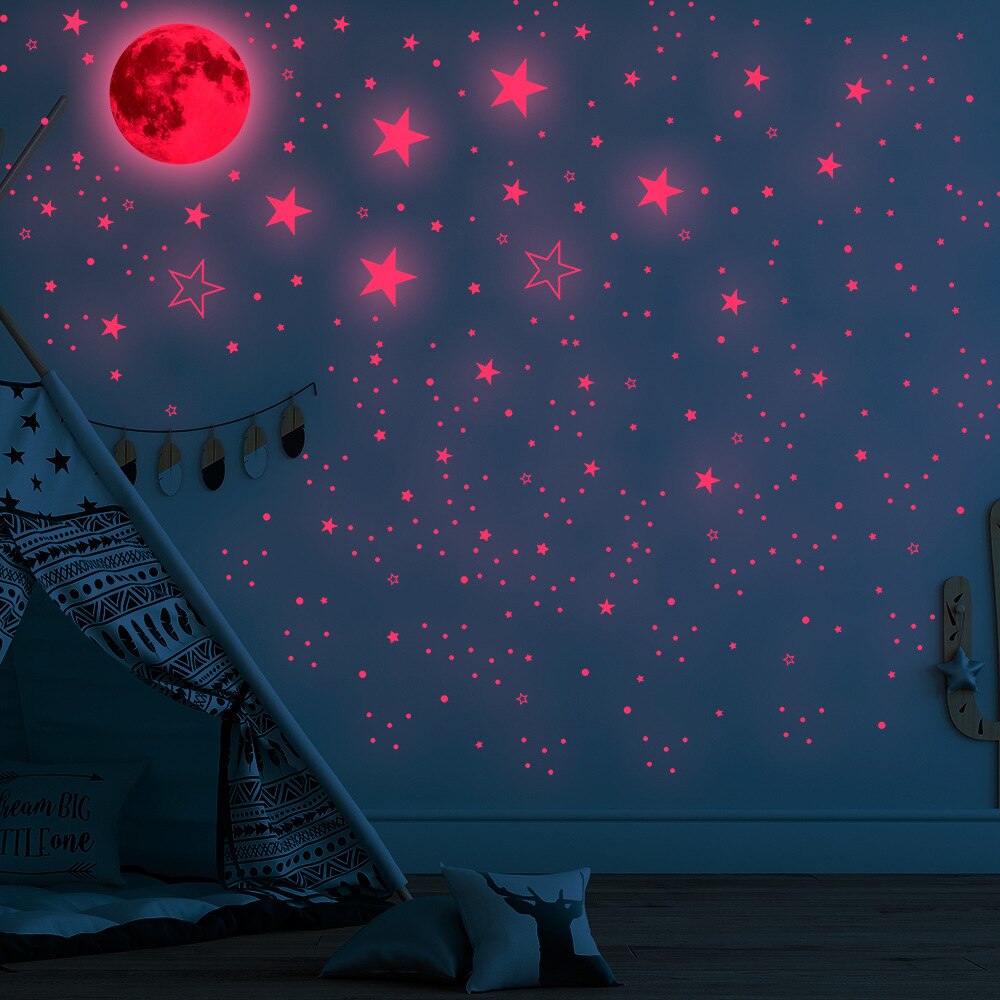 1049 Stuks Lichtgevende Moon &amp; Star Muurstickers Home Decor Diy Decals Kinderkamer Decoratie Fluorescent Glow In The Dark stickers: Rood