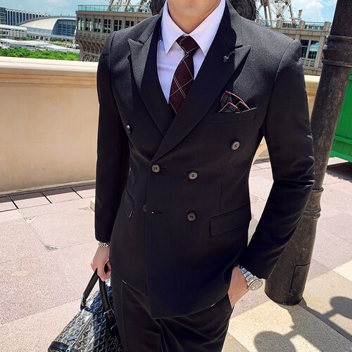 ( Jacket + Vest + Pants ) Boutique Solid Color Double Breasted Suit 3Pces Groom Wedding Dress Formal Suit: black / Asian 3XL (EUR L)