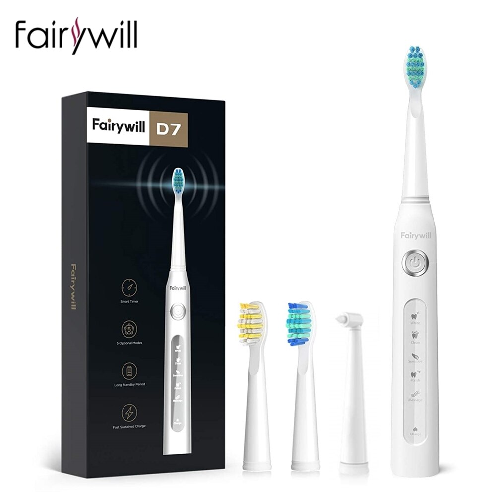 Fairywill Electric Sonic Toothbrush FW-507 USB Charge Waterproof Rechargeable Electronic Tooth 8 Brushes Replacement Heads Adult: FW-ET507-White