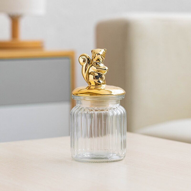 Transparent Glass Storage Jar Golden Ceramic Lid Cute Snack Tea Storage Food Grade Candy Jar Kitchen Storage Supplies: squirrel-S