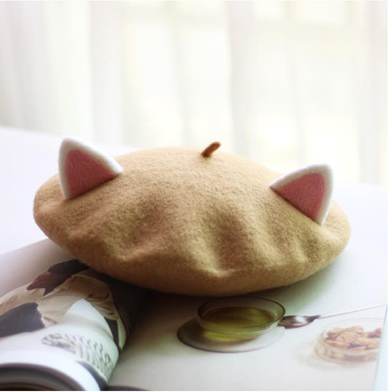 Gorro de pintor para mujer, gorro de lana hecho a mano con orejas de gato, creatividad, bonito gorro de Otoño Invierno, disfraz de fieltro de lana, boina divertida de dibujos animados: Negro