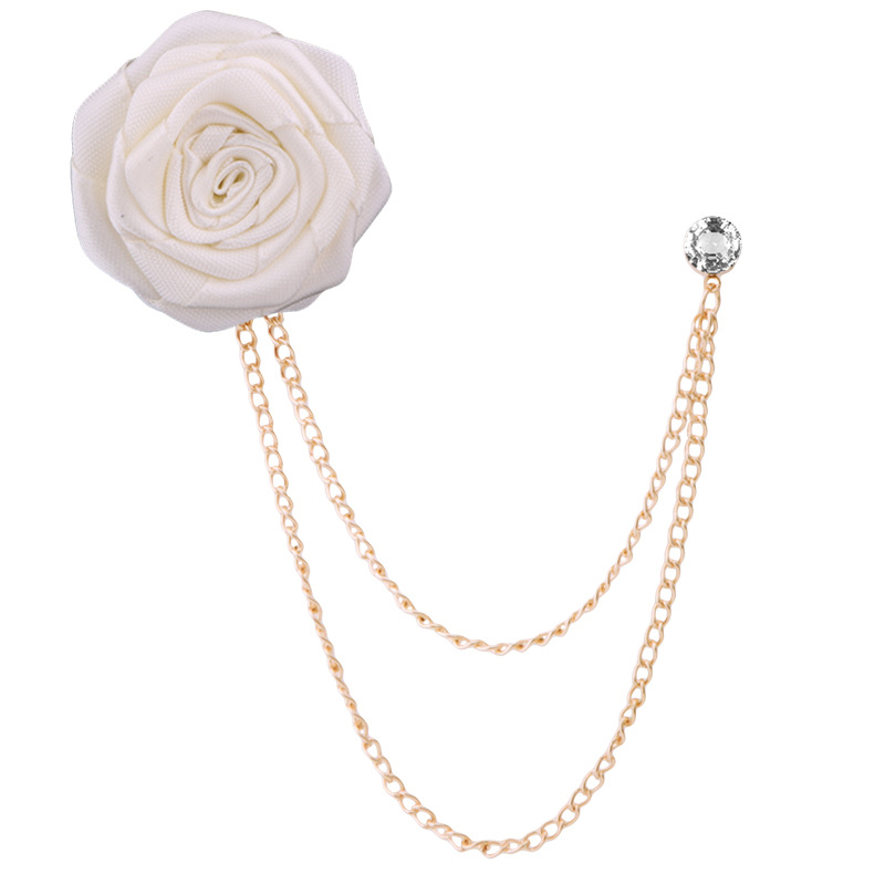 Korean Bridegroom Wedding Brooches Cloth Art Hand-made Rose Flower Brooch Lapel Pin Badge Tassel Chain Men's Suit Accessories: Light Yellow Color